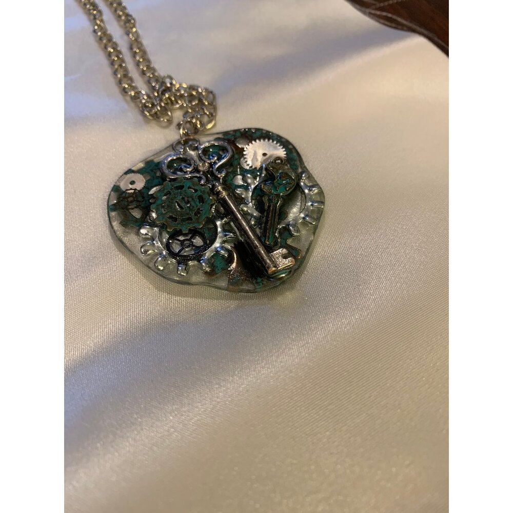 Steampunk silver and turquoise key necklace